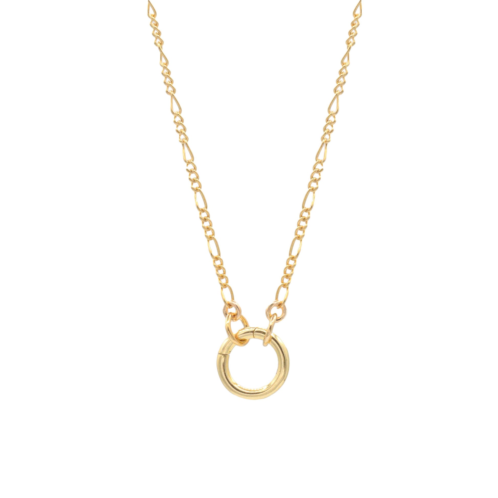 14k gold filled Figaro chain necklace from Earthly Abundance showcasing its intricate linked design and shiny finish.