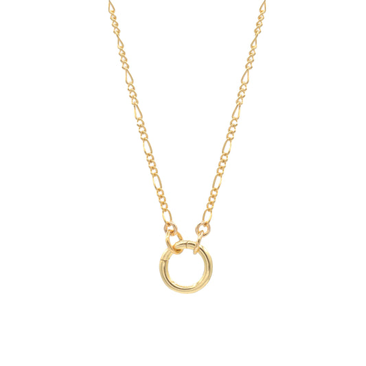 14k gold filled Figaro chain necklace from Earthly Abundance showcasing its intricate linked design and shiny finish.