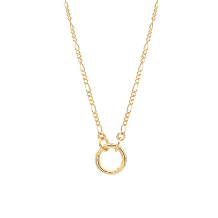 14k gold filled Figaro chain necklace from Earthly Abundance showcasing its intricate linked design and shiny finish.