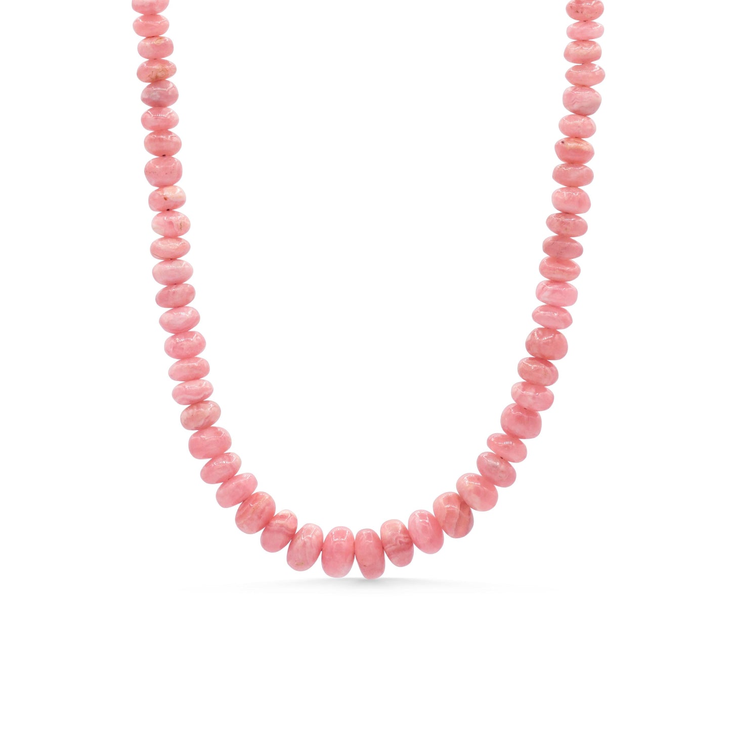 Pink Rhodochrosite necklace featuring polished gemstone beads on a delicate silver chain, showcasing natural mineral patterns.