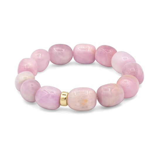 Kunzite nugget bracelet featuring 14K gold accents, handcrafted by Earthly Abundance, with polished pink kunzite stones.