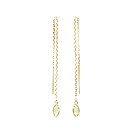 Peridot threader marquise earrings in 14K gold from Earthly Abundance, featuring green gemstone dangles and delicate design.