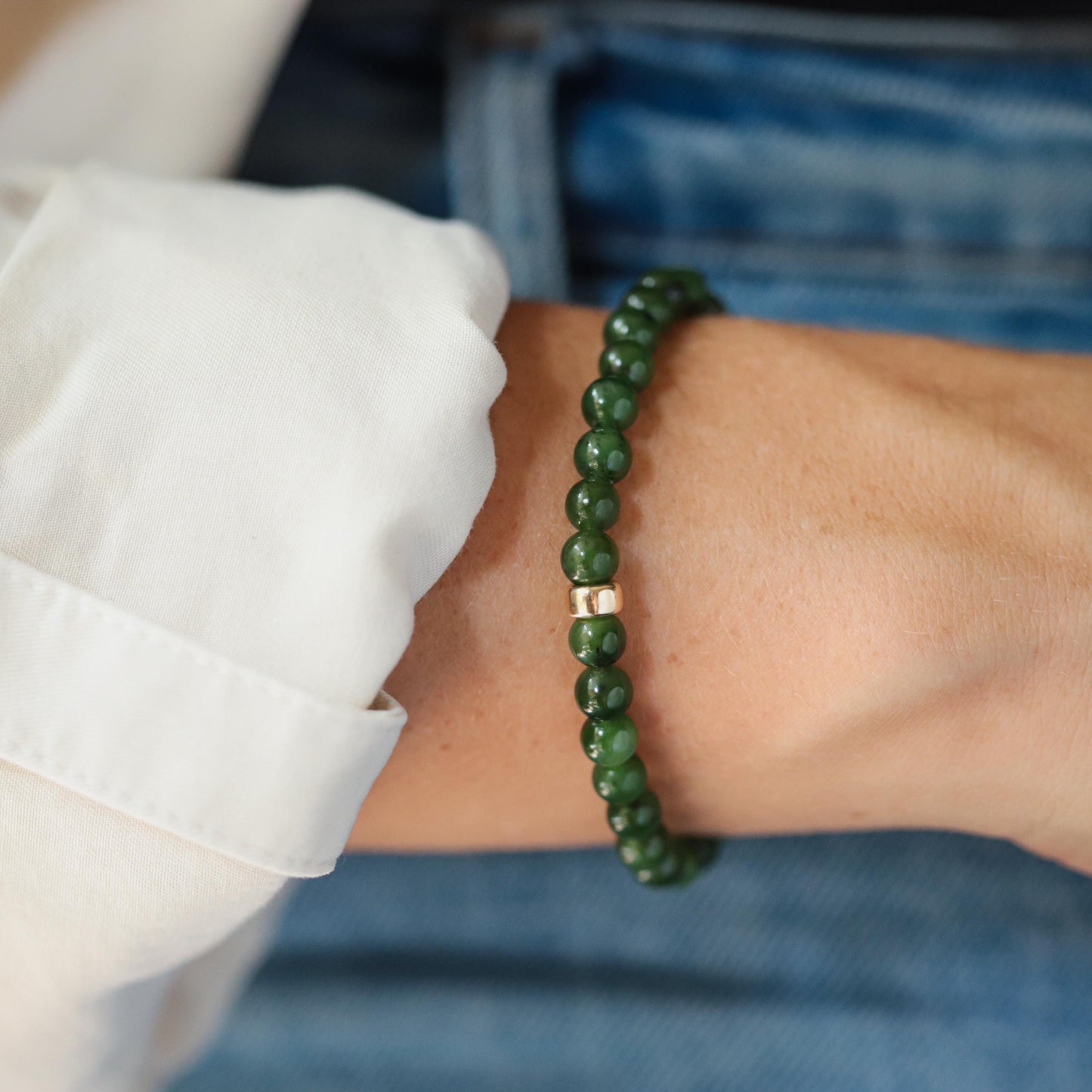Smooth 6mm Canadian Jade gemstone beads from Earthly Abundance, showcasing their rich green color and polished surface.