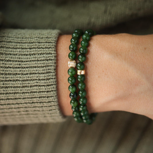 Smooth Canadian Jade 6mm gemstone beads from Earthly Abundance, showcasing their rich green color and polished surface.