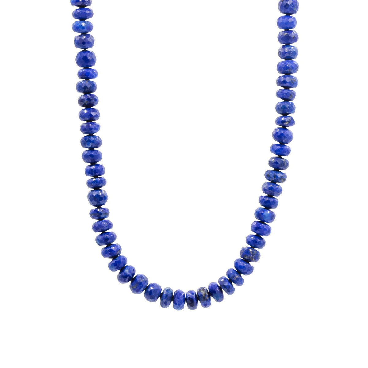 Faceted lapis lazuli rondel necklace from Earthly Abundance featuring deep blue stones and elegant design.