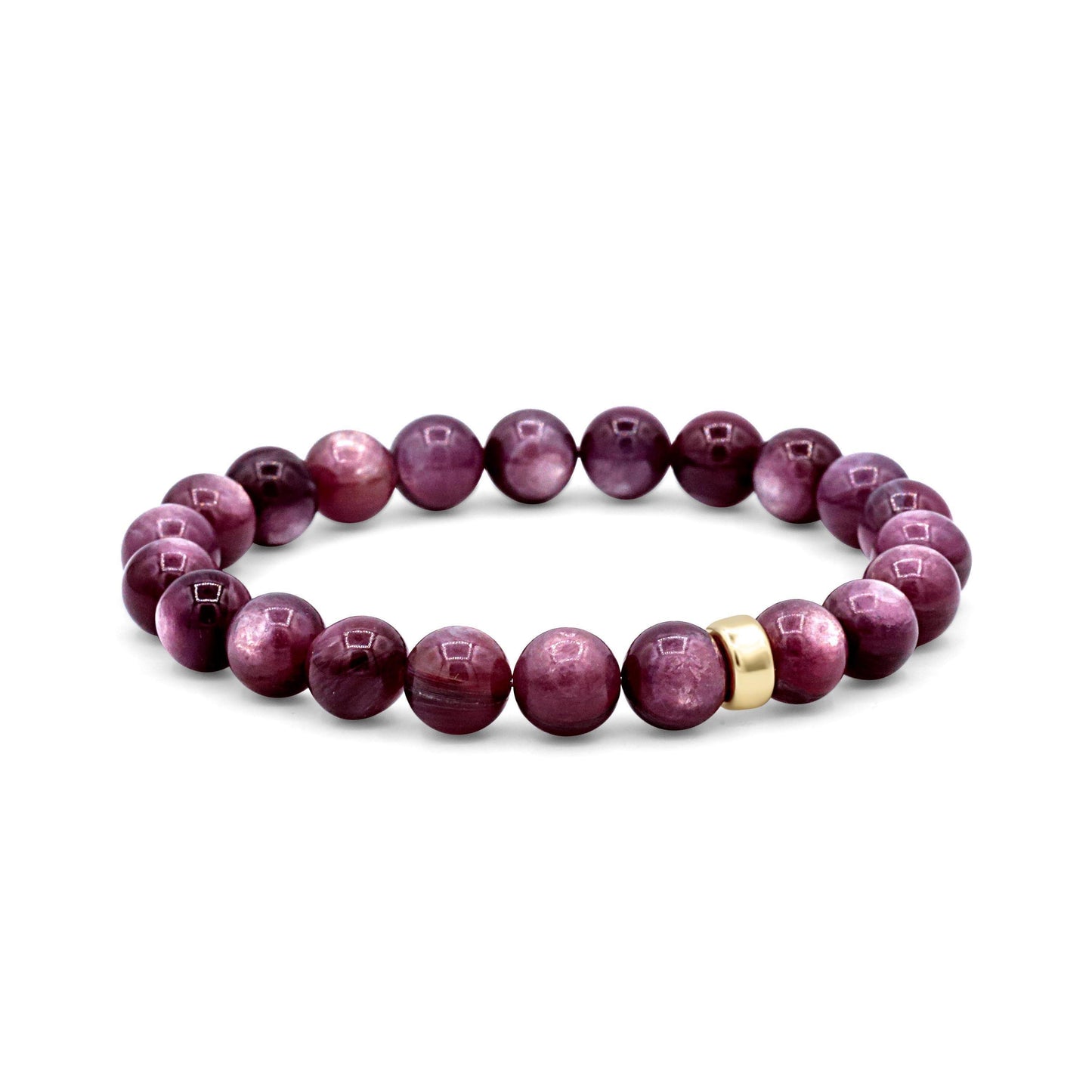 Lepidolite 9mm gemstone bead from Earthly Abundance, round purple stone with natural mineral patterns, smooth polished surface.