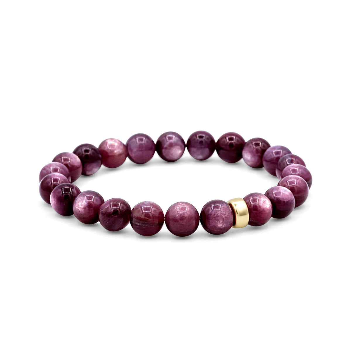 Lepidolite 9mm gemstone bead from Earthly Abundance, round purple stone with natural mineral patterns, smooth polished surface.