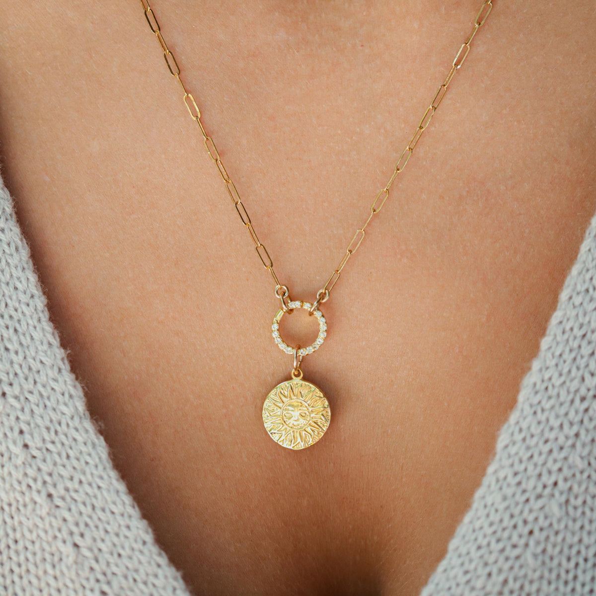 Gold vermeil charm holder with white topaz accents, 3 microns thick, by Earthly Abundance, featuring a decorative design and sparkling stones.