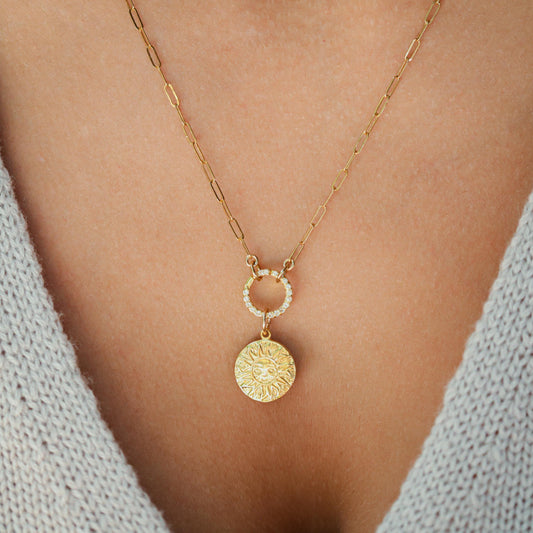 Gold vermeil charm holder with white topaz accents, 3 microns thick, by Earthly Abundance, featuring a decorative design and sparkling stones.