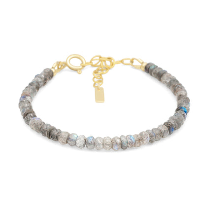 Labradorite protection bracelet with polished stones on an elastic band, designed for spiritual shielding and style.