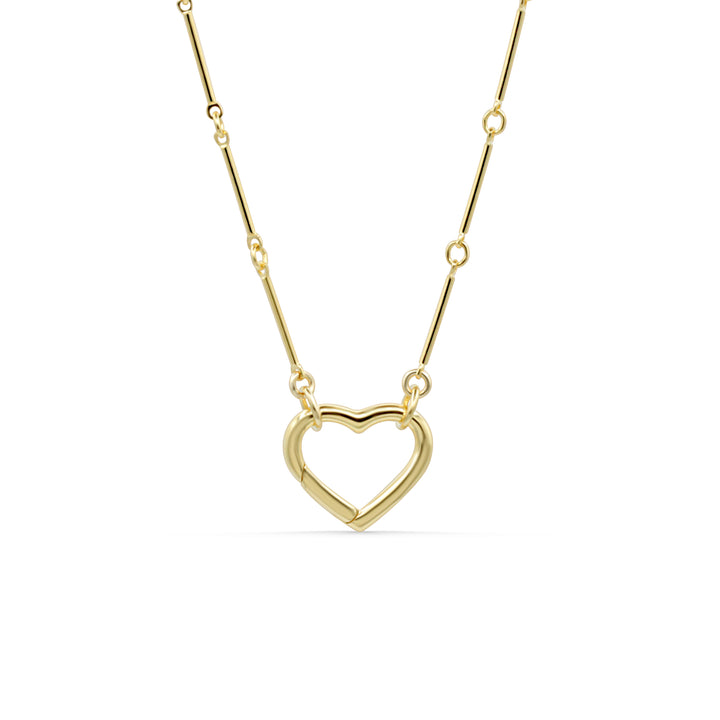 14K gold filled heart-shaped carabiner necklace with a delicate chain, featuring a charming and stylish jewelry design.