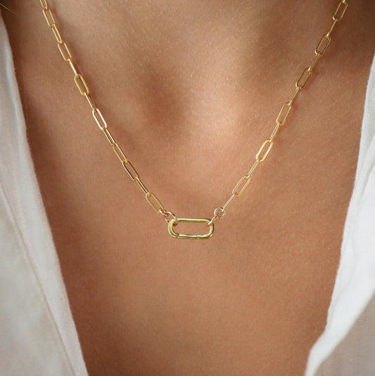 White topaz carabiner | 14k Gold Filled Paperclip Chain Necklace, gold filled carabiner necklace | gold necklace | paperclip chain jewelry