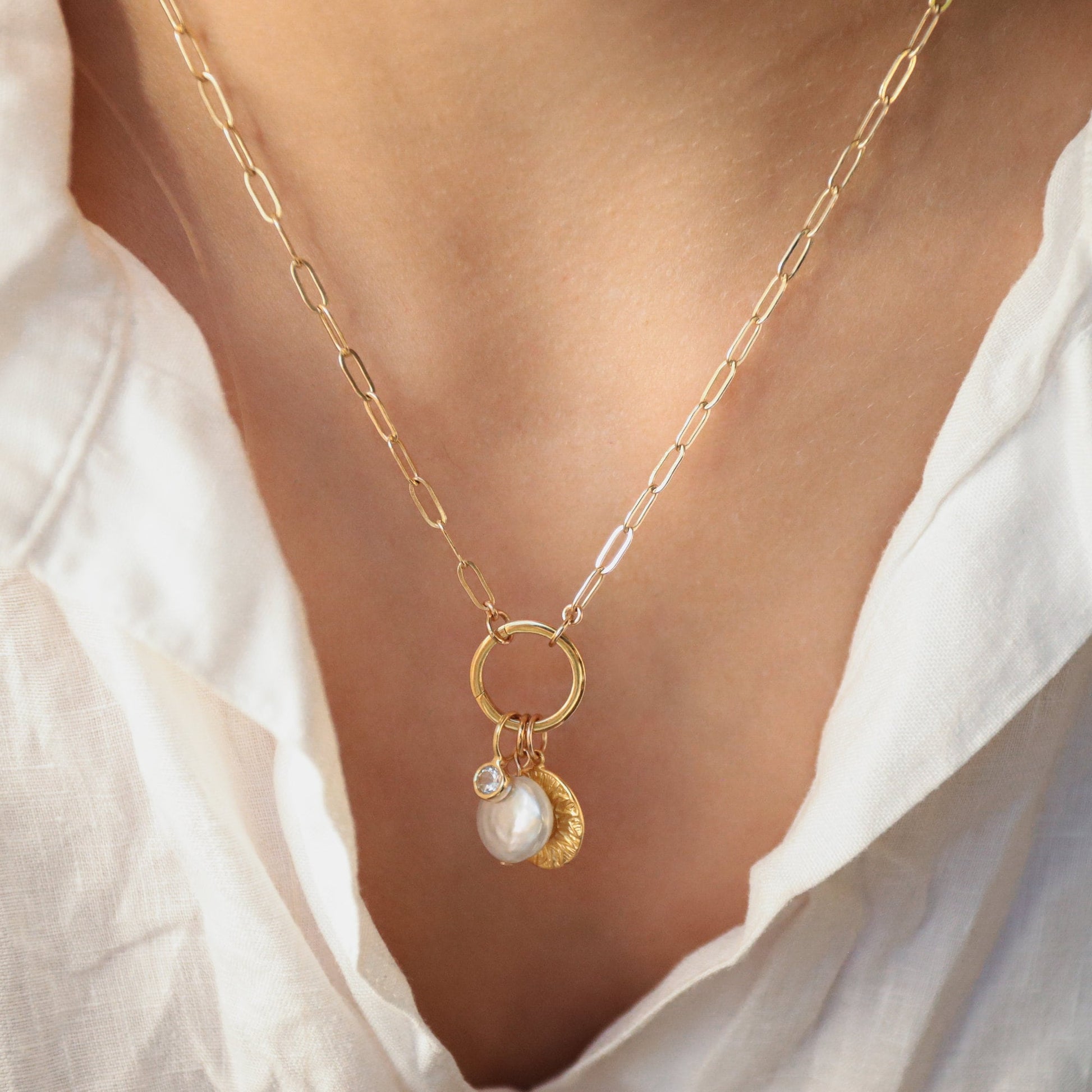 Sun pendant necklace, gold filled carabiner necklace, gold filled paperclip necklace, everyday gold necklace, paperclip chain jewelry #CN