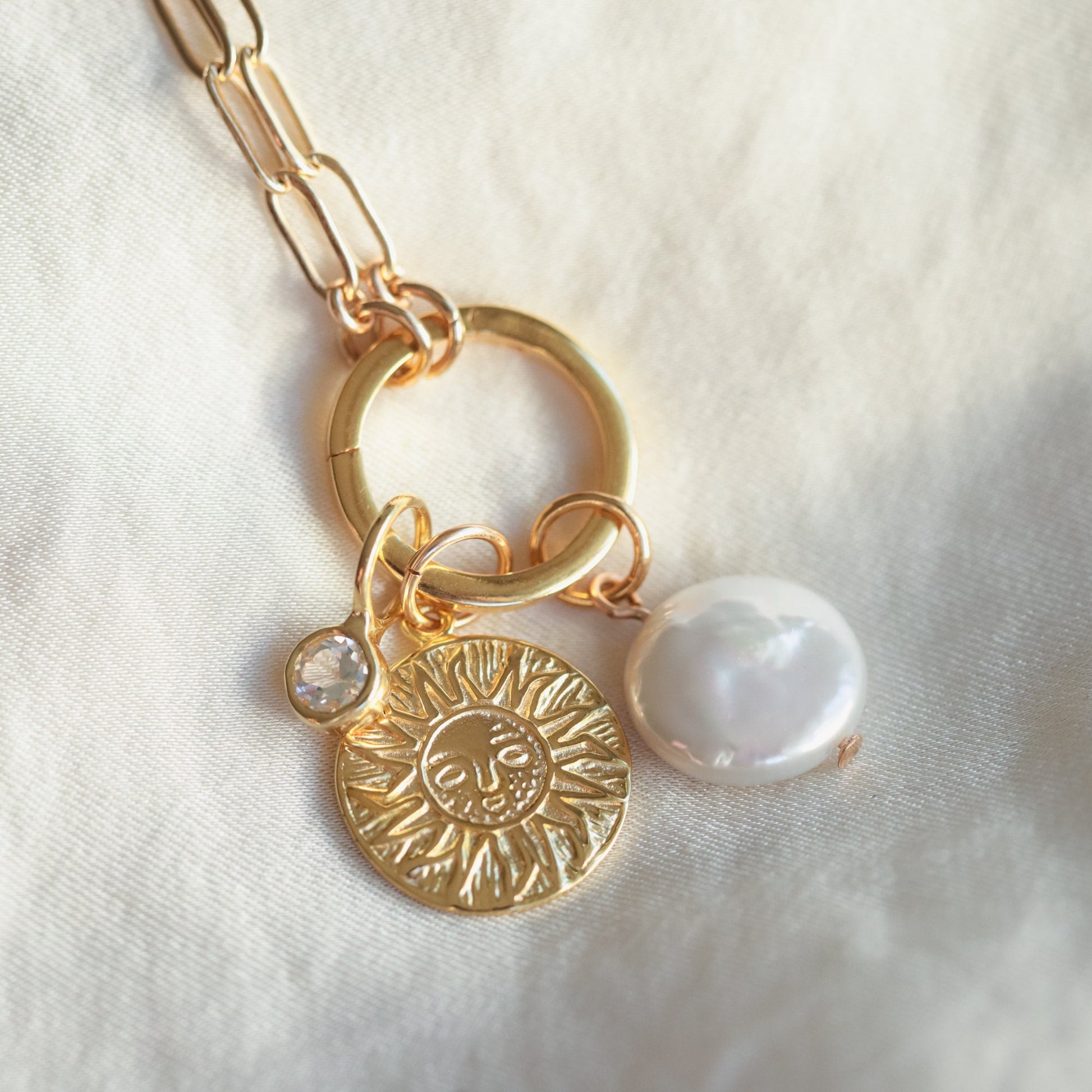 Sun pendant necklace, gold filled carabiner necklace, gold filled paperclip necklace, everyday gold necklace, paperclip chain jewelry #CN