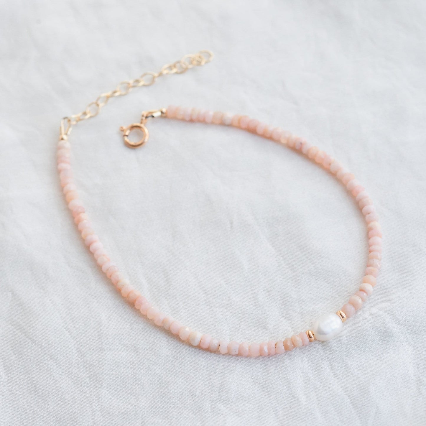 Pink opal pearl anklet | Beaded Pink Opal ankle bracelet | women's gemstone anklet | delicate opal anklet | pearl anklet | freshwater #0350