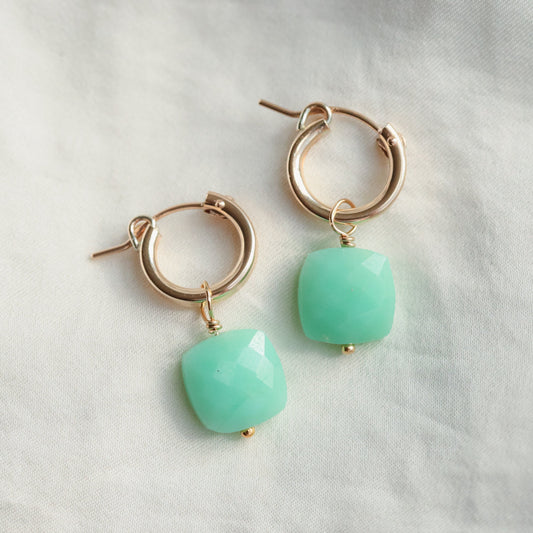Chrysoprase gemstone earrings, [EECP1095] gemstone Chrysoprase earrings, real stone earrings, 14K gold filled hoops | Chrysoprase gold