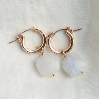Rainbow moonstone, gemstone moonstone earring, moonstone earrings, real moonstone earrings, 14K gold filled hoop moonstone