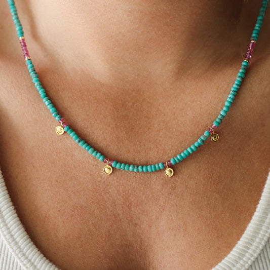 Turquoise and Pink Sapphire beaded necklace | [ENTP1347] Pink sapphire + turquoise, Arizona turquoise | women's turquoise jewelry | December