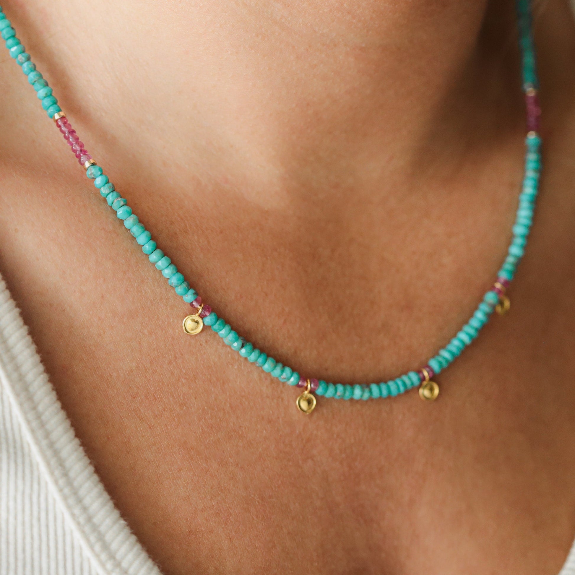 Turquoise and Pink Sapphire beaded necklace | [ENTP1347] Pink sapphire + turquoise, Arizona turquoise | women's turquoise jewelry | December