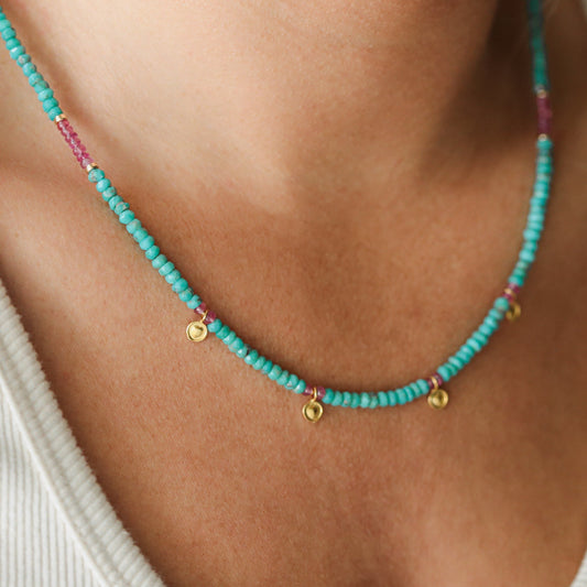 Turquoise and Pink Sapphire beaded necklace | [ENTP1347] Pink sapphire + turquoise, Arizona turquoise | women's turquoise jewelry | December