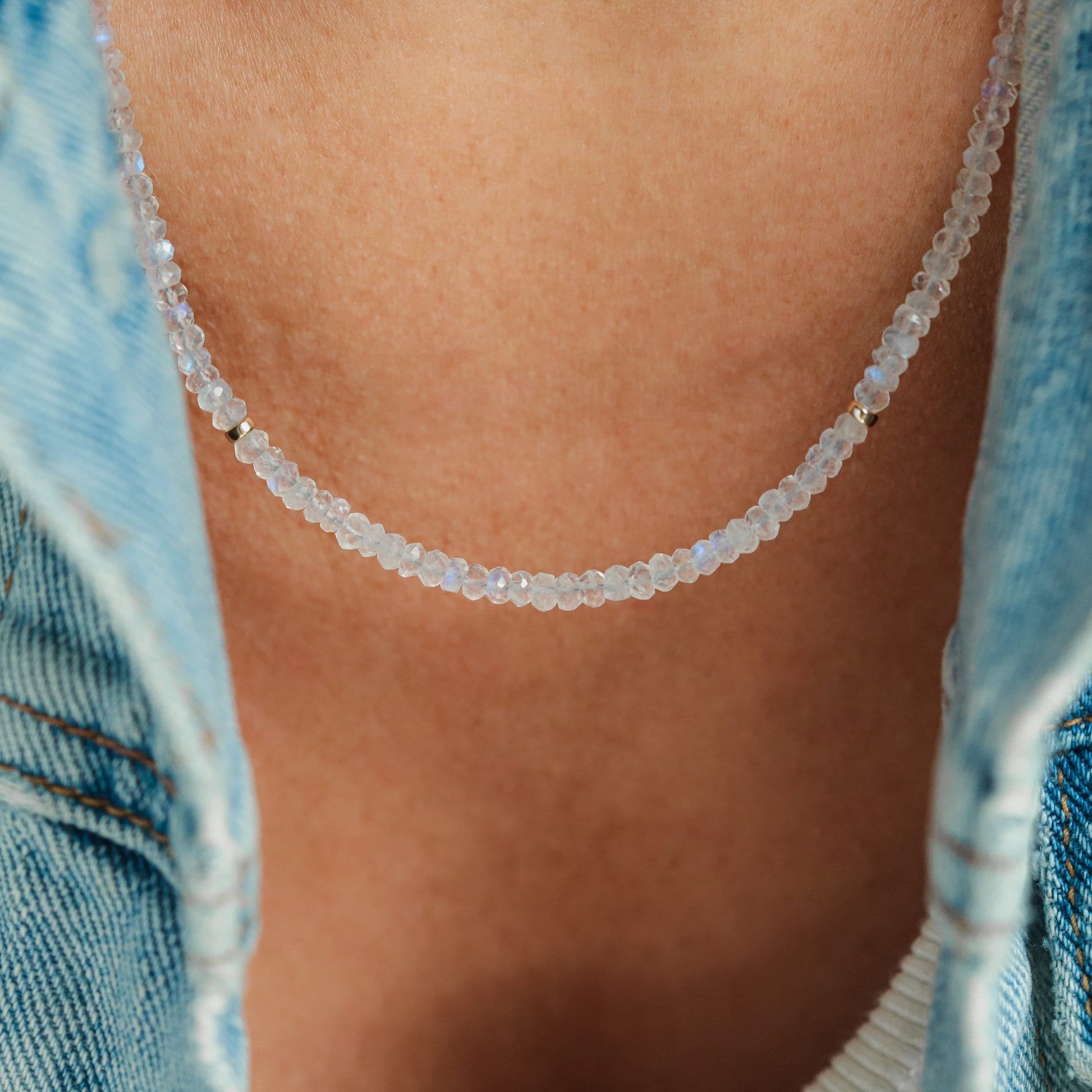 14K GOLD Moonstone Necklace | Rainbow Moonstone Choker | AAA+ Blue Moonstone Faceted Rondelle Beads Necklace | June birthstone