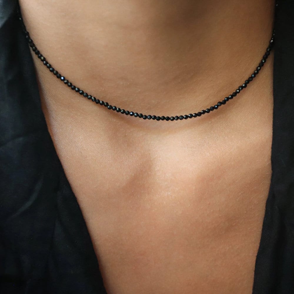 Black Spinel Necklace | Beaded black spinel choker | Dainty black beaded gemstone necklace | Crescent moon necklace | beaded gemstone 0119