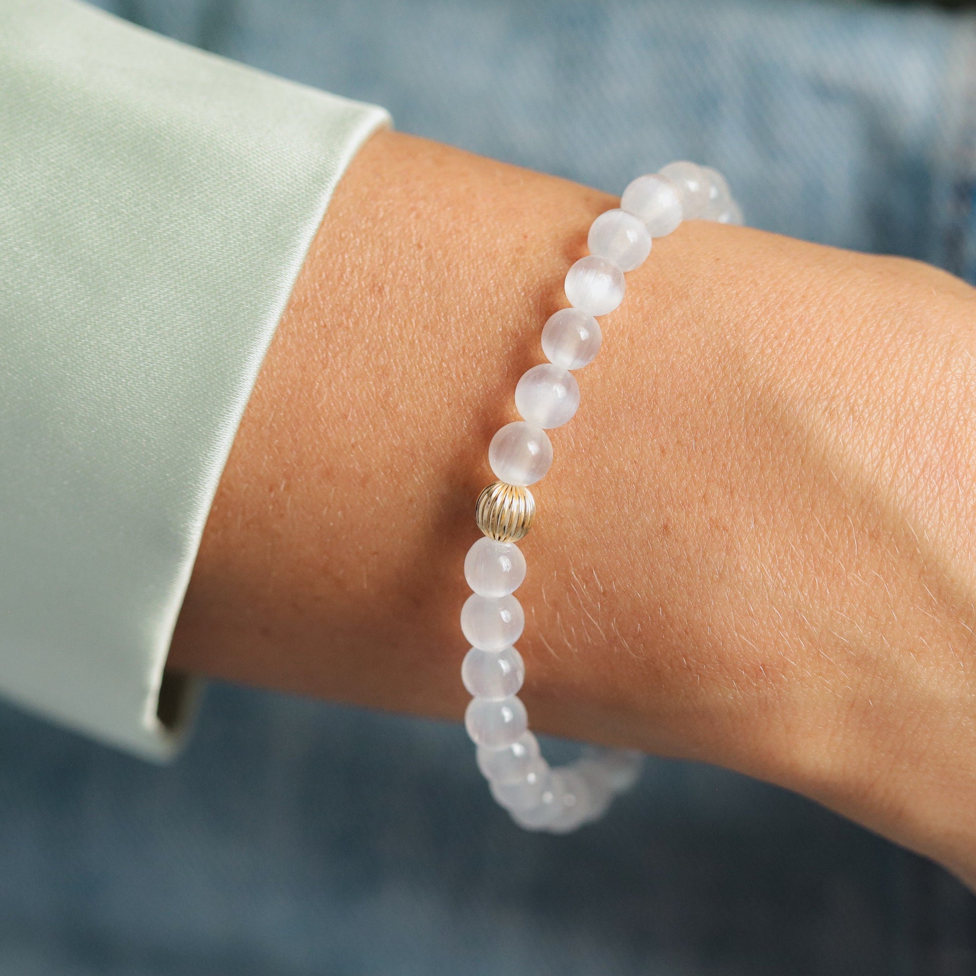 Selenite Bracelet, 6mm Genuine Selenite, Crown Chakra Bracelet, Reiki Yoga Mala Bracelet, Divine Light Purity Bringer, Psychic #0332
