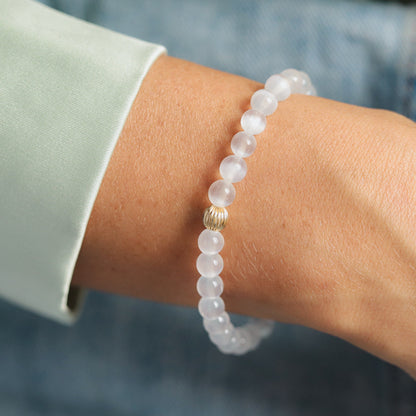 Selenite Bracelet, 6mm Genuine Selenite, Crown Chakra Bracelet, Reiki Yoga Mala Bracelet, Divine Light Purity Bringer, Psychic #0332