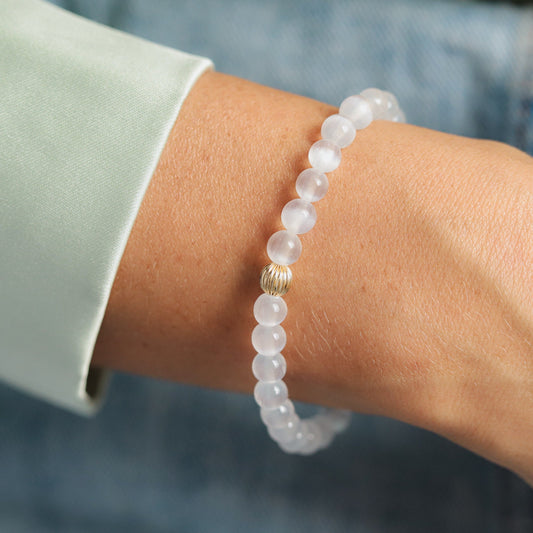 Selenite Bracelet, 6mm Genuine Selenite, Crown Chakra Bracelet, Reiki Yoga Mala Bracelet, Divine Light Purity Bringer, Psychic #0332