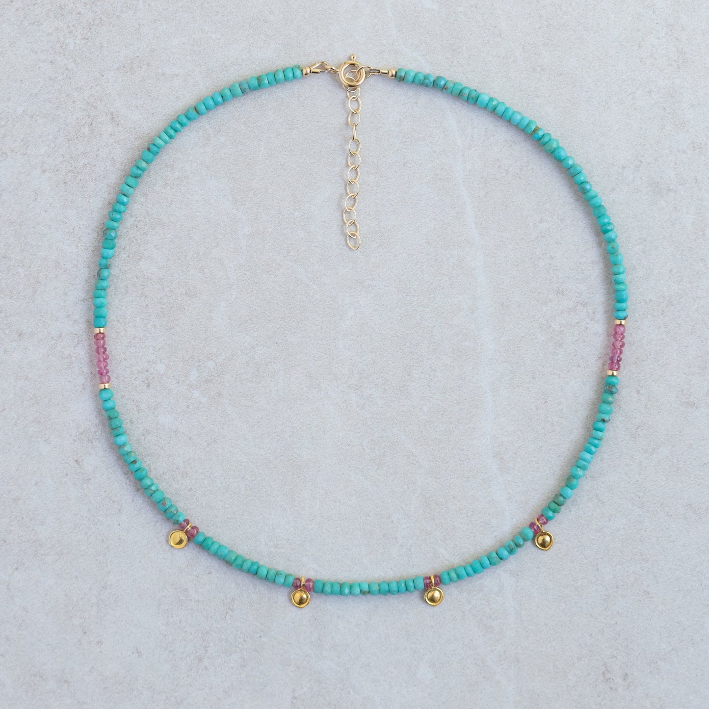Turquoise and Pink Sapphire beaded necklace | [ENTP1347] Pink sapphire + turquoise, Arizona turquoise | women's turquoise jewelry | December