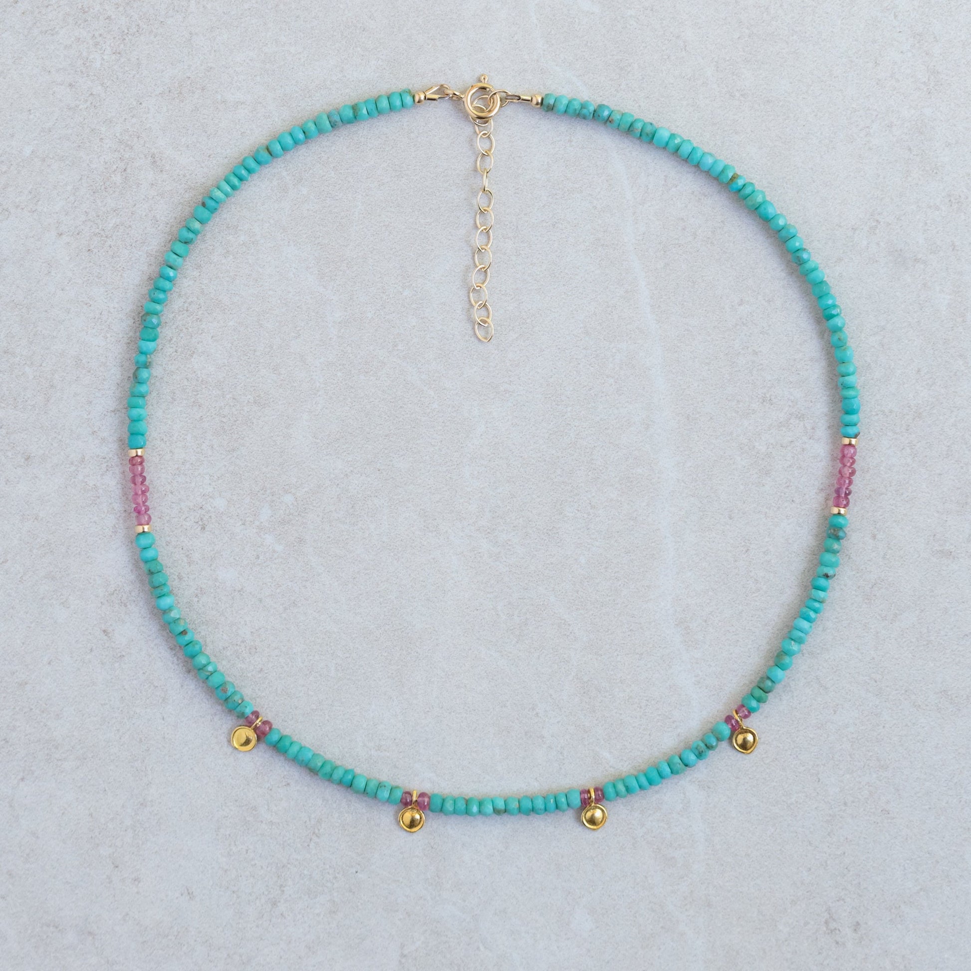 Turquoise and Pink Sapphire beaded necklace | [ENTP1347] Pink sapphire + turquoise, Arizona turquoise | women's turquoise jewelry | December