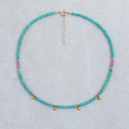 Turquoise and Pink Sapphire beaded necklace | [ENTP1347] Pink sapphire + turquoise, Arizona turquoise | women's turquoise jewelry | December