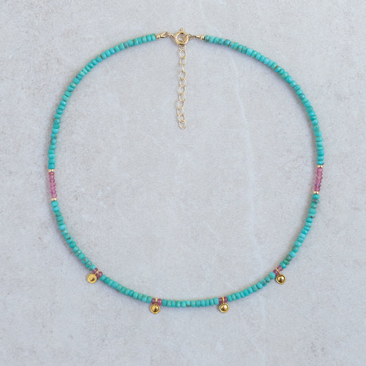 Turquoise and Pink Sapphire beaded necklace | [ENTP1347] Pink sapphire + turquoise, Arizona turquoise | women's turquoise jewelry | December