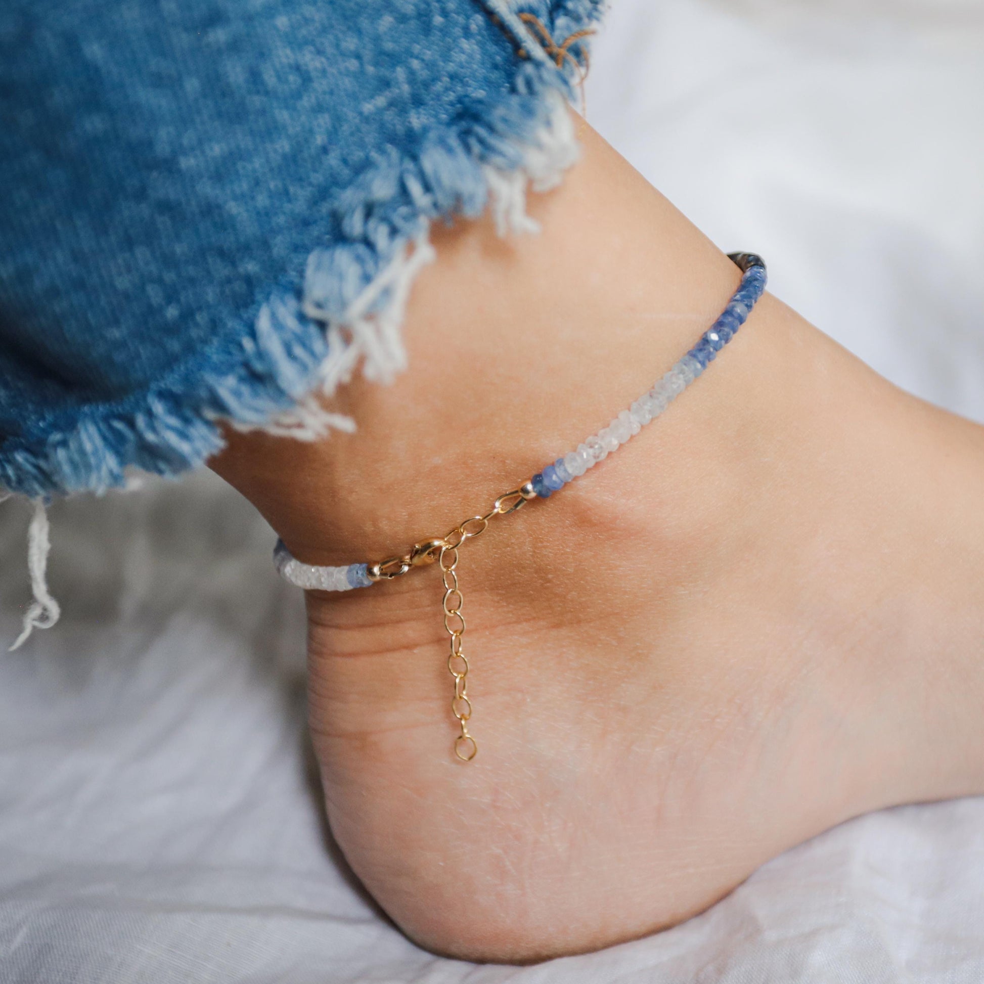 14K GOLD blue sapphire anklet, Beaded sapphire anklet [EABP1588], women's blue sapphire beaded ankle bracelet | gemstone anklet | anklet s