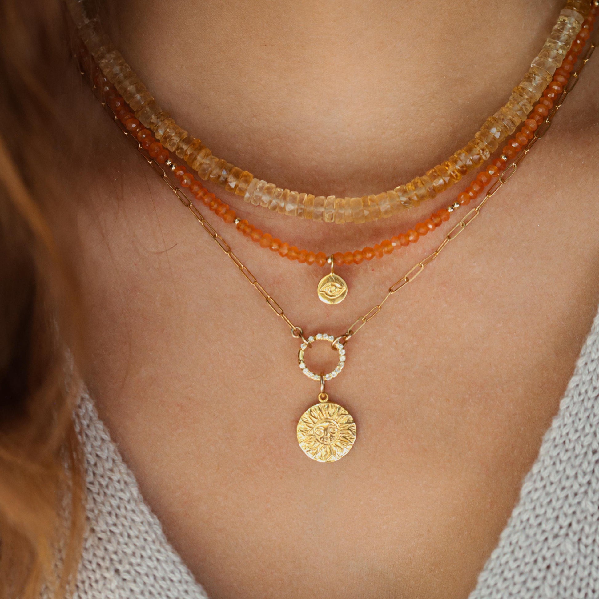 14K GOLD Carnelian Necklace | Beaded carnelian choker | [ENCP1376] gold evil eye pendant | bright carnelian jewelry | Beaded layering