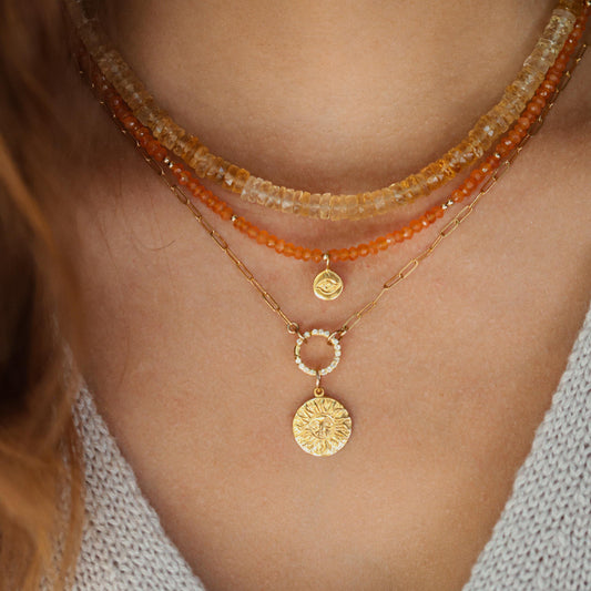 14K GOLD Carnelian Necklace | Beaded carnelian choker | [ENCP1376] gold evil eye pendant | bright carnelian jewelry | Beaded layering