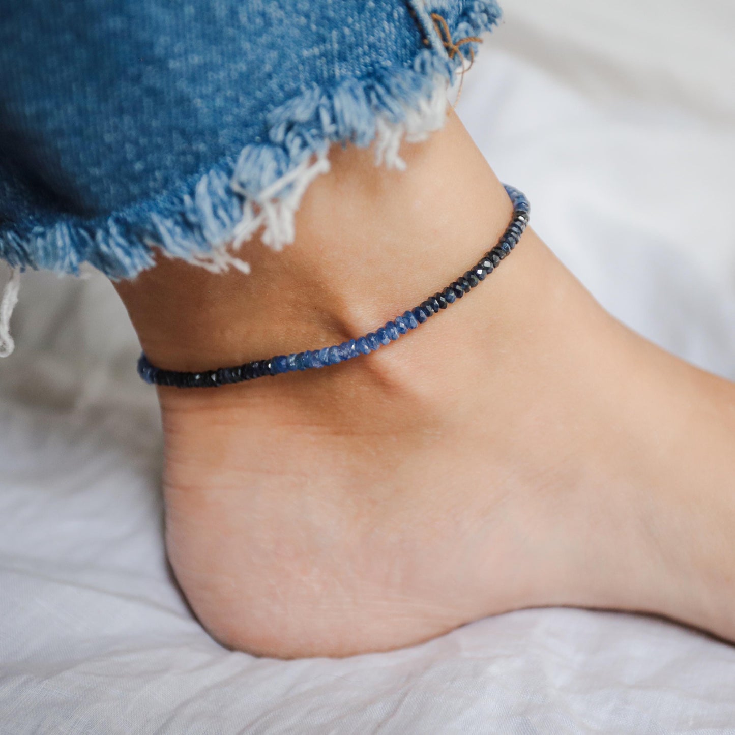 14K GOLD blue sapphire anklet, Beaded sapphire anklet [EABP1588], women's blue sapphire beaded ankle bracelet | gemstone anklet | anklet s