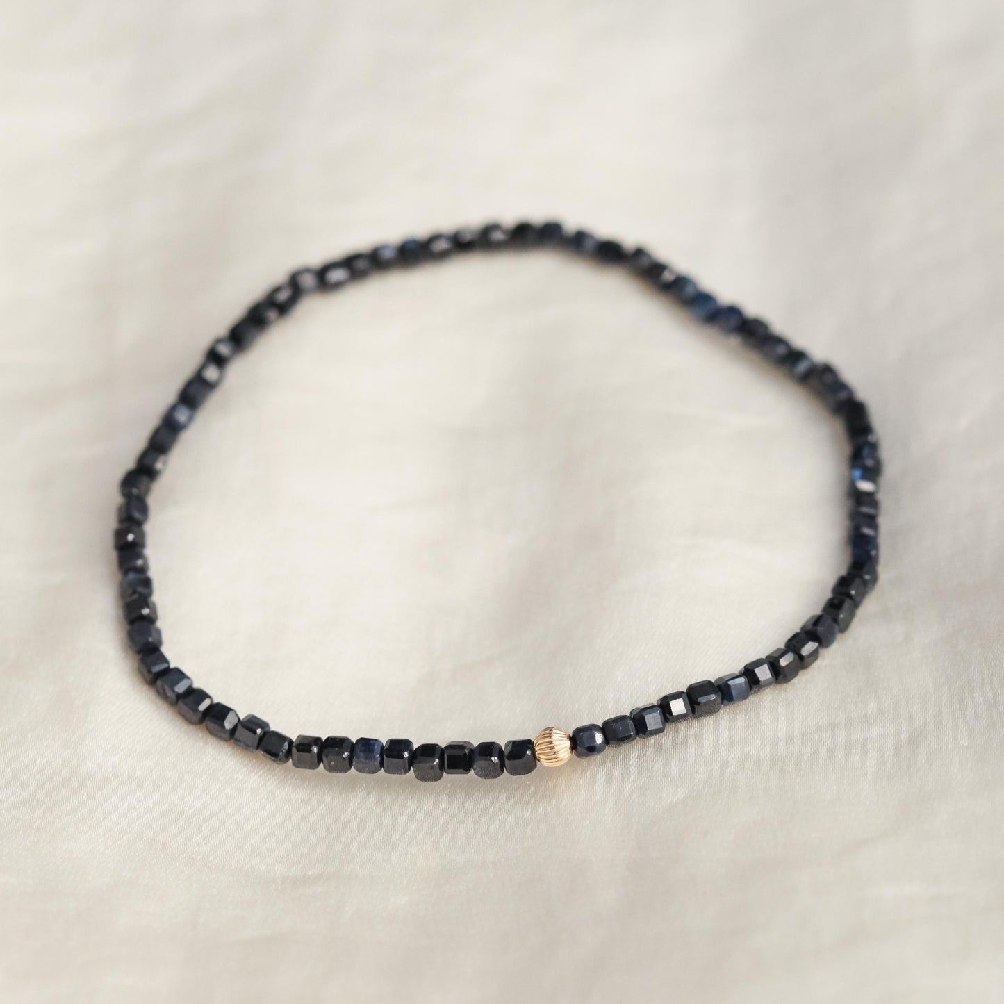 Blue Sapphire Bracelet, Yellow Gold Filled, Delicate Blue Sapphire Skinny Stacking Bracelet, Tiny Faceted Beads Sapphire 2.5-3mm W