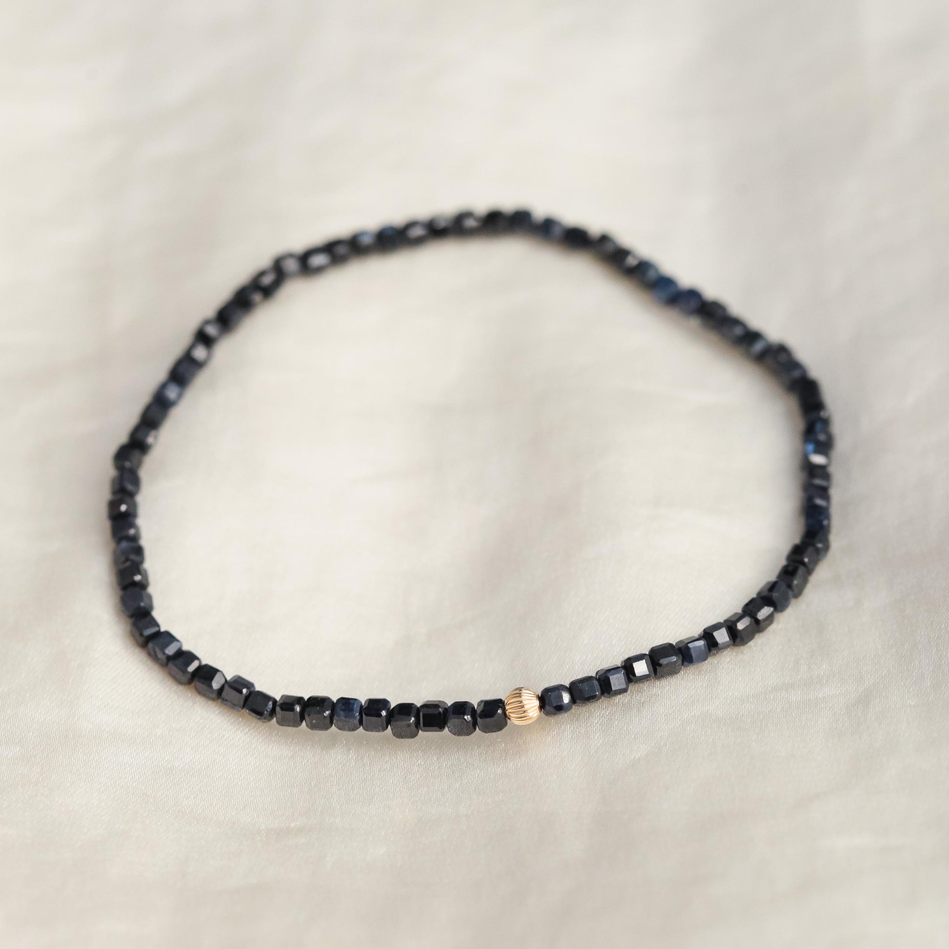 Blue Sapphire Bracelet, Yellow Gold Filled, Delicate Blue Sapphire Skinny Stacking Bracelet, Tiny Faceted Beads Sapphire 2.5-3mm W