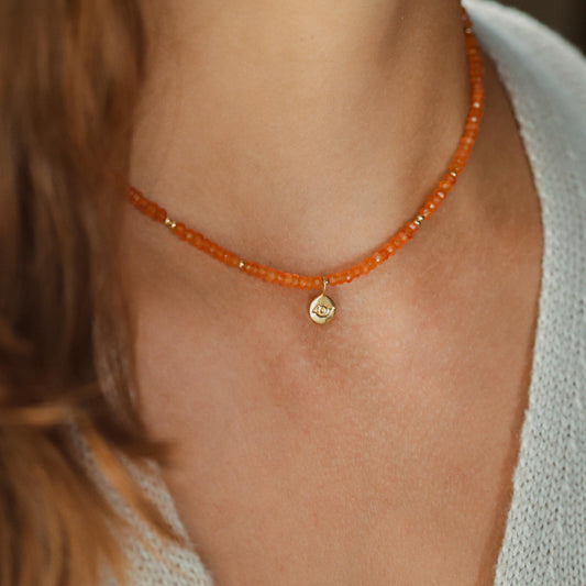 14K GOLD Carnelian Necklace | Beaded carnelian choker | [ENCP1376] gold evil eye pendant | bright carnelian jewelry | Beaded layering