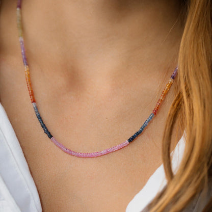 Multi Sapphire Necklace | Sapphire carabiner necklace, AAA+ sapphire necklace, Multi color pink sapphire beaded necklace, faceted sapphire W
