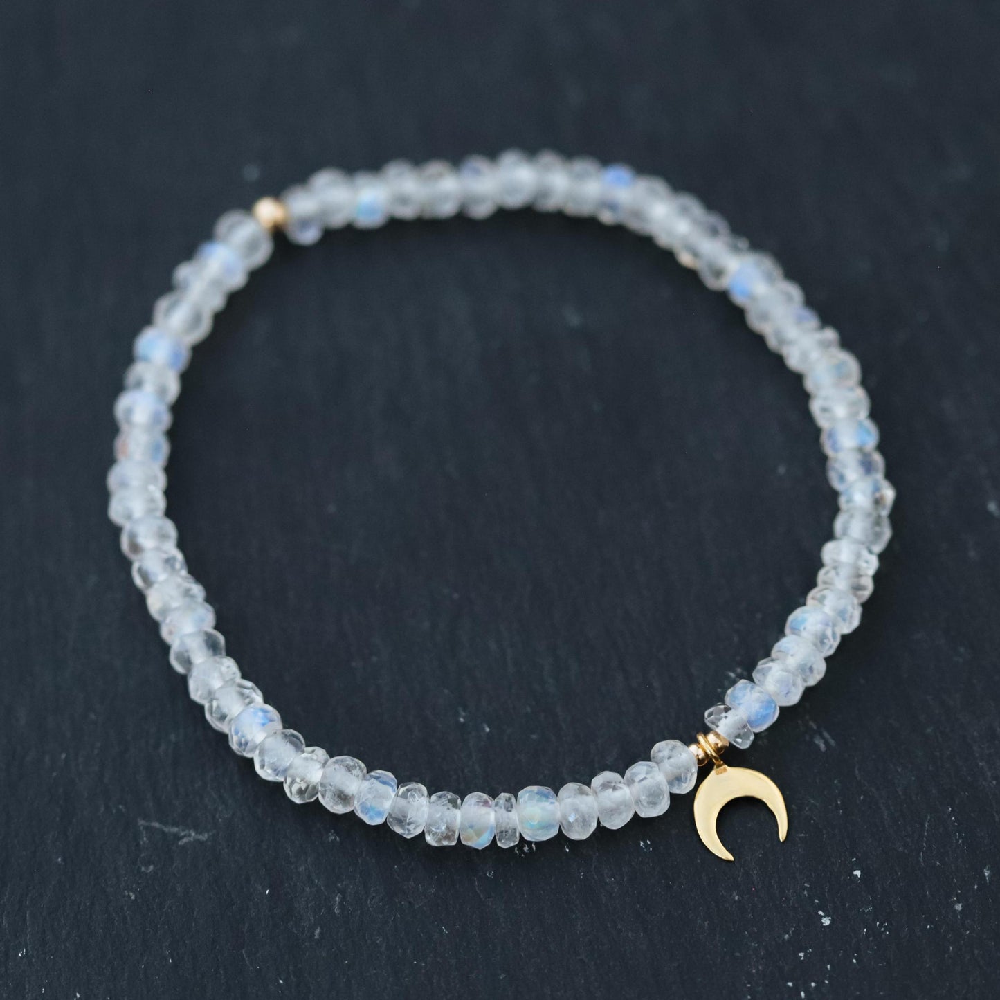 AAAA+ Rainbow Moonstone Bracelet with Crescent Moon Charm