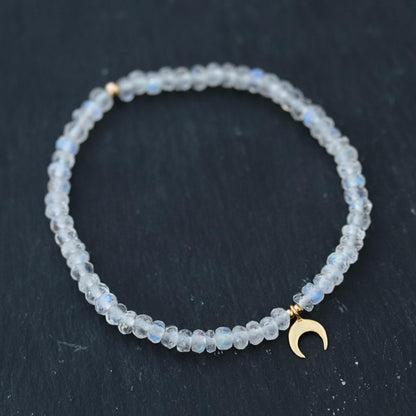 AAAA+ Rainbow Moonstone Bracelet with Crescent Moon Charm