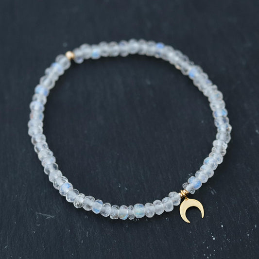 AAAA+ Rainbow Moonstone Bracelet with Crescent Moon Charm