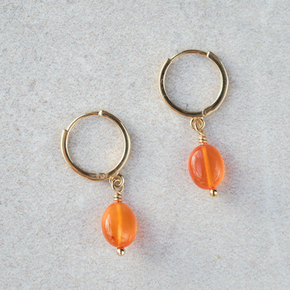 14K SOLID GOLD carnelian hoops, genuine carnelian hoop earrings, carnelian 14K gold Earrings, gold hoops with carnelian, 14K gold carnelian