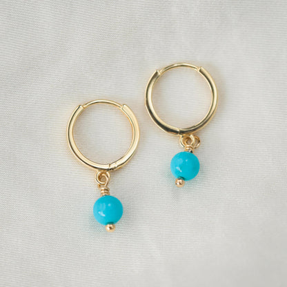 14K SOLID GOLD turquoise hoops, genuine sleeping beauty hoop earrings, turquoise 14K gold Earrings, gold hoops with turquoise, 14K gold