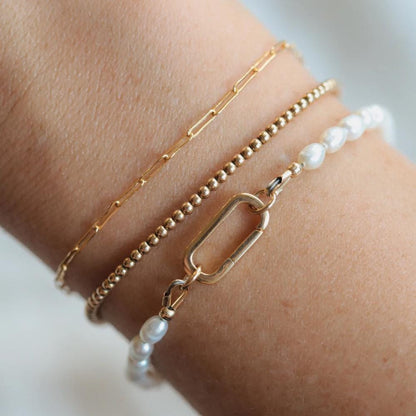 14K SOLID GOLD Pearl bracelet | pearl carabiner bracelet | June birthstone jewelry Bridesmaid gift for her Pearl jewelry Wedding jewelry