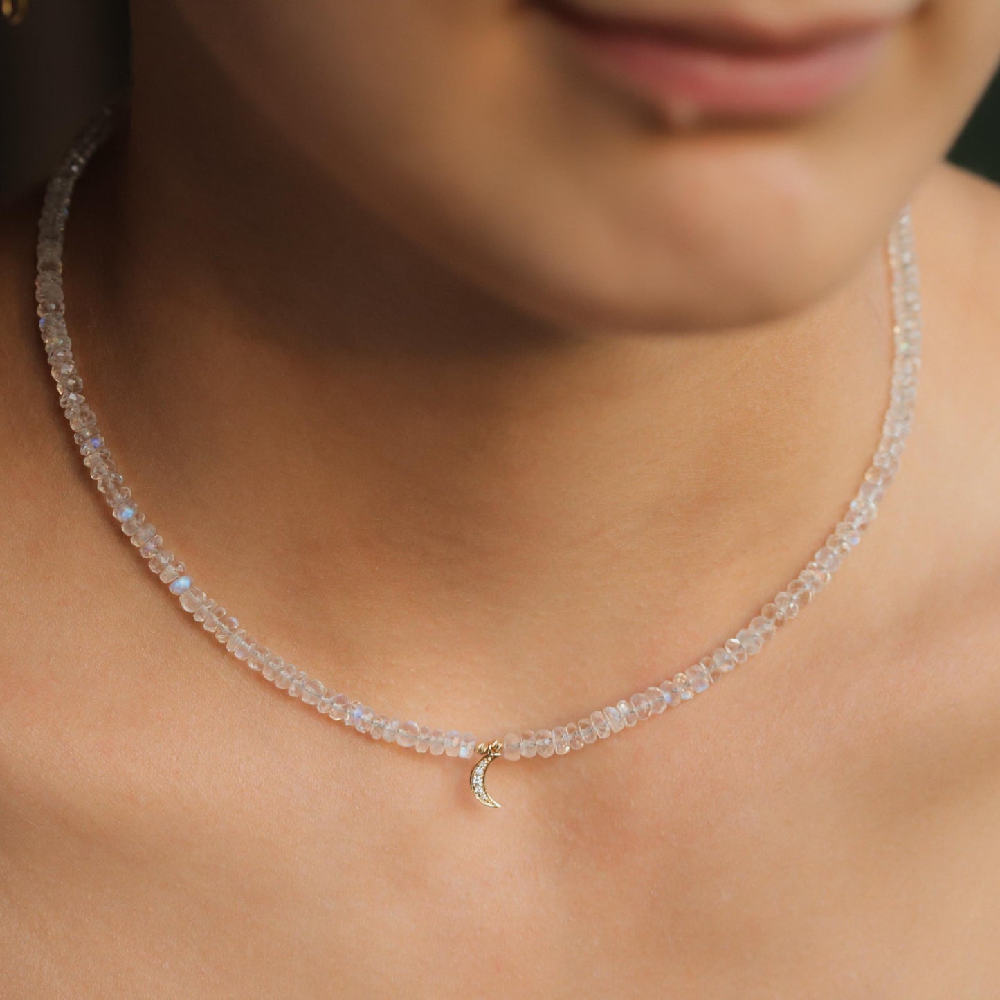 14K GOLD DIAMOND Moonstone Necklace | Rainbow Moonstone Choker | AAAA+ Blue Moonstone Faceted Rondelle Beads Necklace | June birthstone