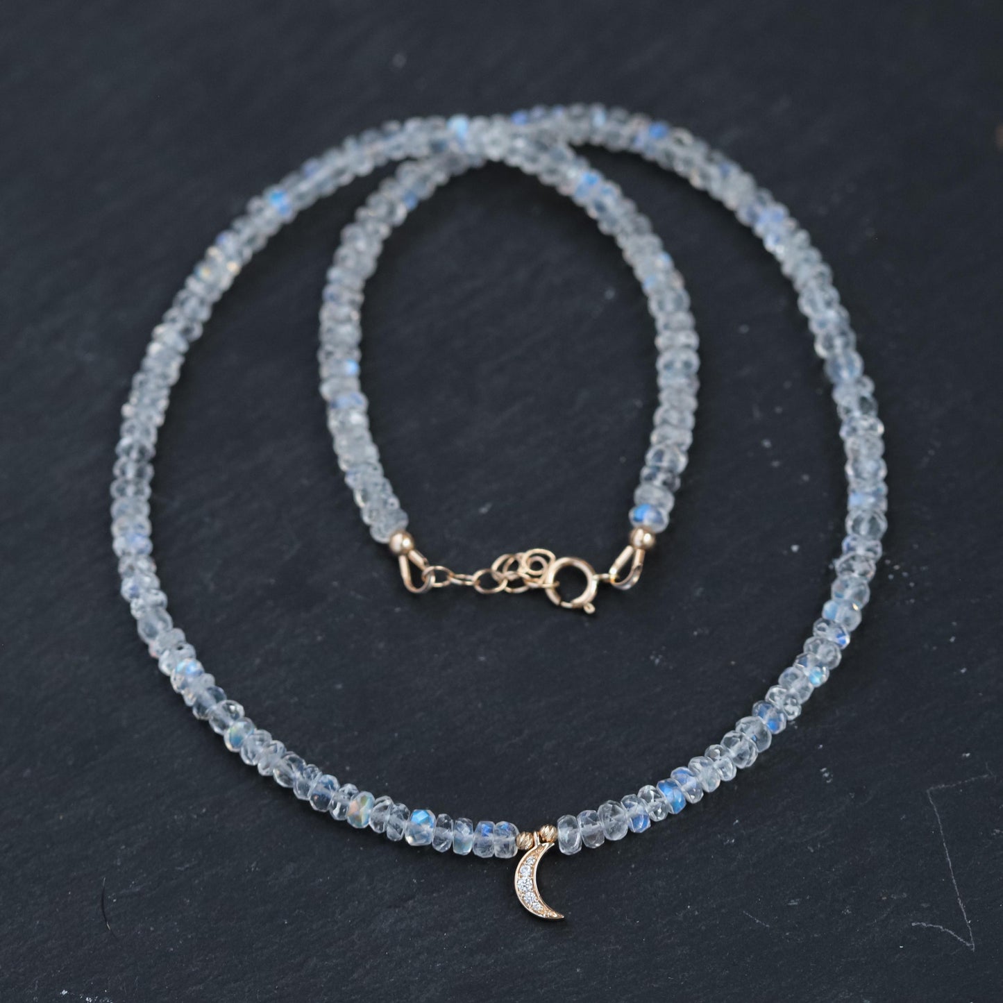 14K GOLD DIAMOND Moonstone Necklace | Rainbow Moonstone Choker | AAAA+ Blue Moonstone Faceted Rondelle Beads Necklace | June birthstone