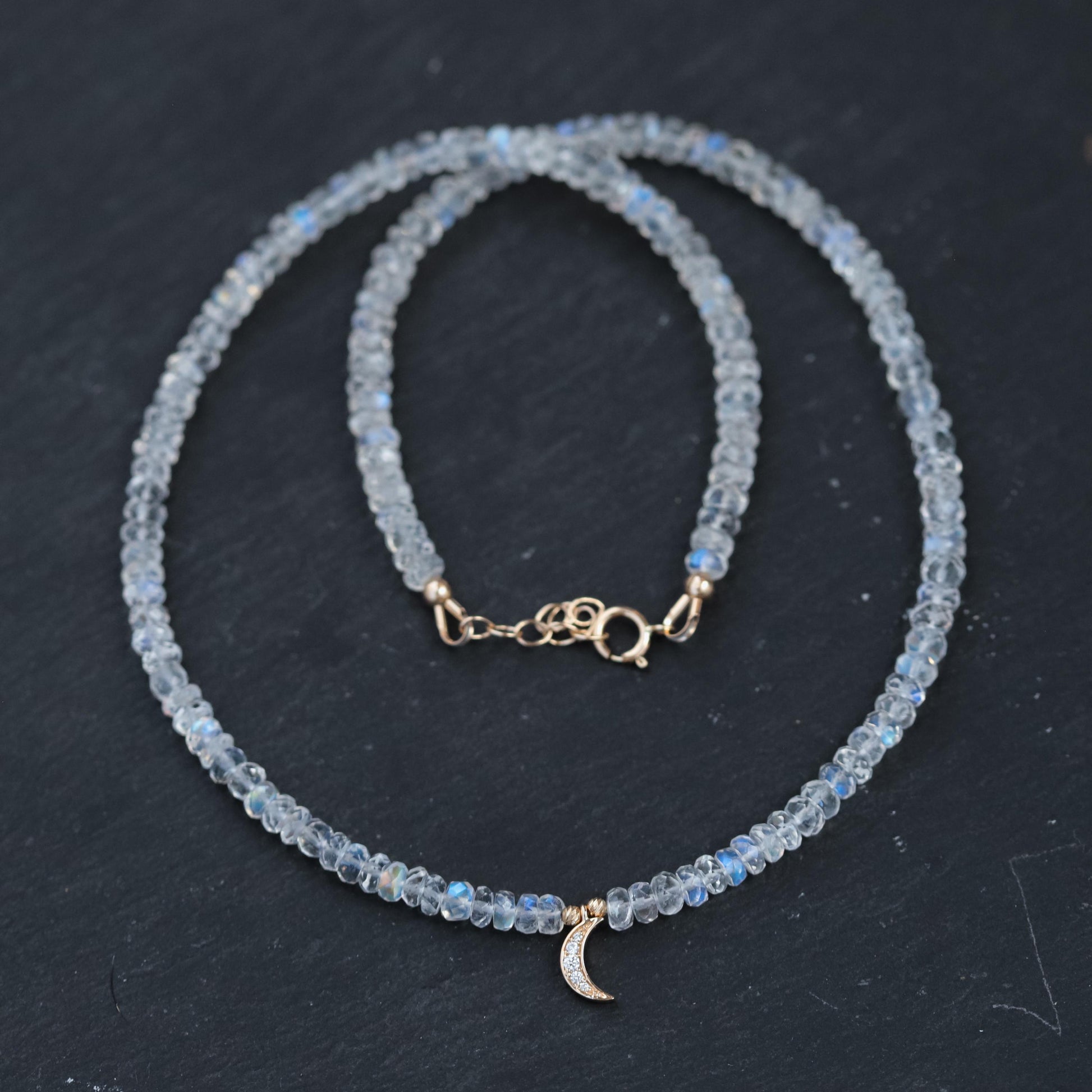 14K GOLD DIAMOND Moonstone Necklace | Rainbow Moonstone Choker | AAAA+ Blue Moonstone Faceted Rondelle Beads Necklace | June birthstone